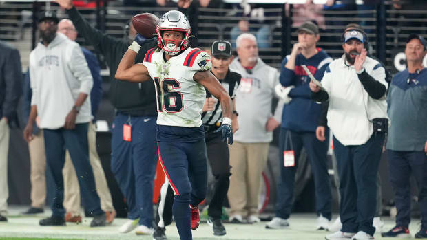 Patriots wide receiver Jakobi Meyers (16) looks to pass the ball against the Raiders at the end of the second half at Allegiant Stadium.